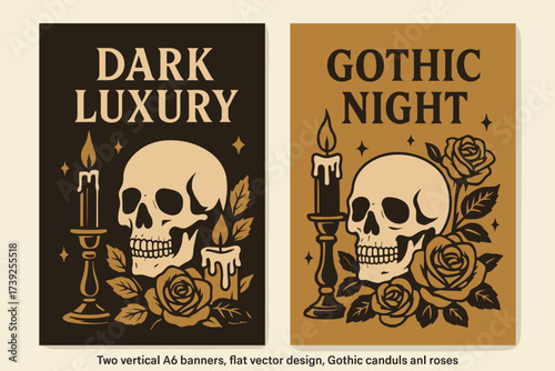 Luxury Gothic Banners. Two vertical A6 banners, flat vector design, brown and gold backgrounds, gothic candles, skulls and roses, luxury horror vibe, first
