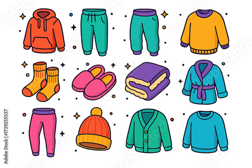 Cozy Loungewear Icons. Cozy loungewear. Colorful isometric vector icons set of cozy loungewear: hoodie, sweatpants, fleece joggers, oversized sweater, knit