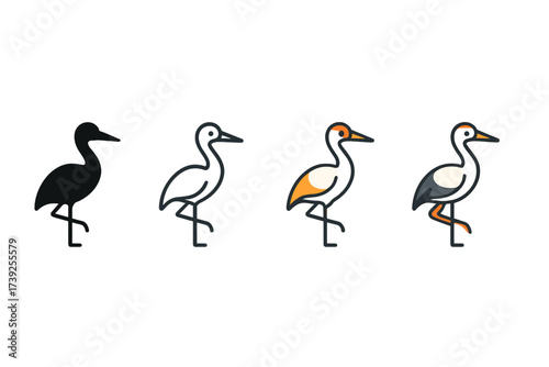 Vector Crane Icon Styles. Vector icon crane bird same pose same proportions four styles black solid glyph outline minimal flat multicolor filled cartoon flat