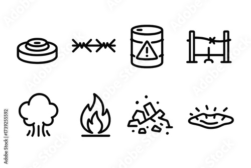 Battlefield Hazard Icons. Outline icon set of battlefield hazards: landmine, barbed wire, explosive barrel, tripwire, smoke cloud, fire, debris pile, crater.