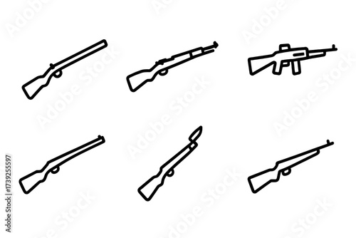 Historical Rifle Icons. Outline icon set of rifle historical models: musket, early rifle, WWII rifle, modern battle rifle, sniper legacy, vintage hunting