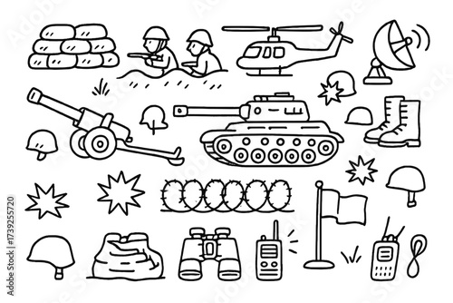 Military Defense Icons. Military defense. Hand-drawn doodle illustration military defense sandbags, trenches, soldiers, tanks, barbed wire, cannons,