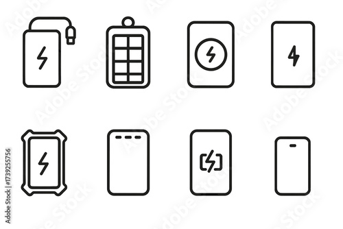 Power Bank Icons. Outline icon set of power bank types: portable power bank, solar power bank, wireless charging power bank, slim power bank, rugged power