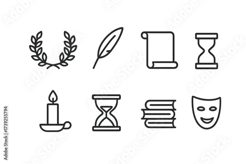 Classic Poetry Icons. Outline icon set of classic poetry symbols: laurel wreath, quill feather, scroll, ink pot, candle flame, hourglass, book stack, theater