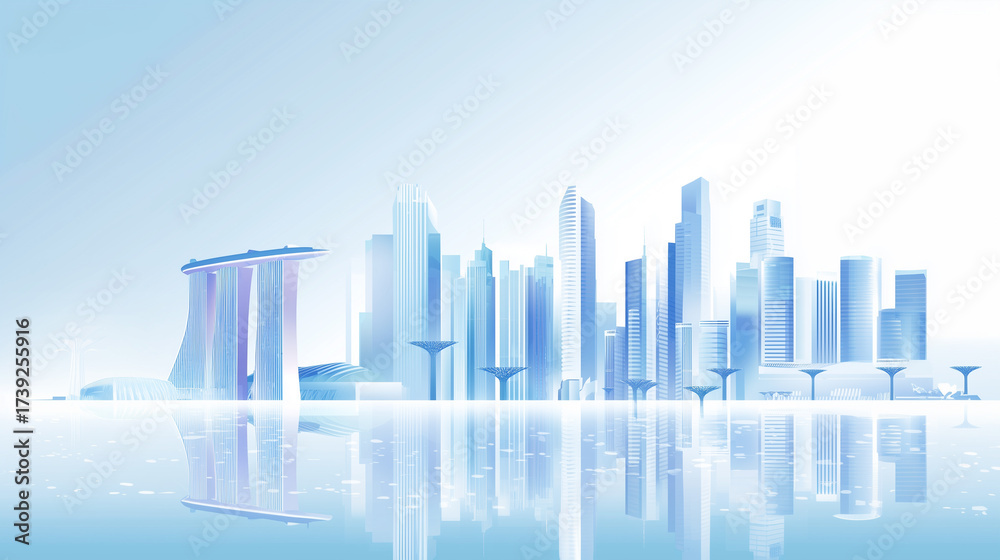 Fototapeta premium Minimal Futuristic Singapore City Skyline with Marina Bay Sands and Supertree Grove in Abstract White and Blue Style