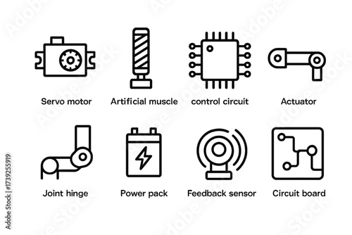 Robotic Enhancements Icons. Outline icon set of robotic enhancements: servo motor, artificial muscle, control circuit, actuator, joint hinge, power pack,