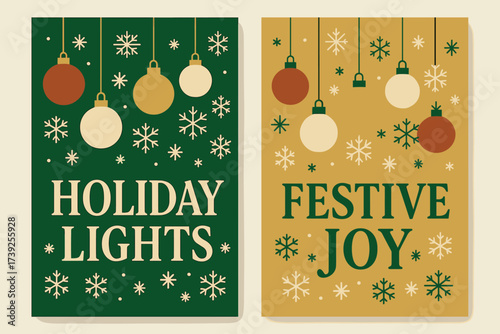 Festive Banner Designs. Two vertical A6 banners, flat vector design, green and gold backgrounds, christmas baubles hanging, decorative snowflakes, first banner