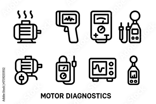 Motor Diagnostics Icons. Outline icon set of motor diagnostics: vibration analysis, thermal camera, multimeter, current sensor, insulation tester, motor