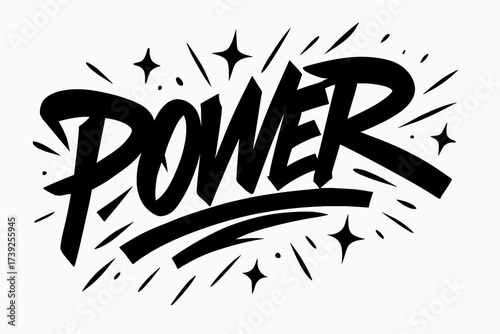 Bold Graffiti Energy. Power, bold streetstyle graffiti lettering, energetic sharp strokes, surrounded by sparks, diagonal decorative composition, clean white