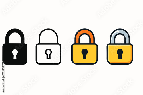 Lock Icon Styles. Vector icon lock closed same pose same proportions four styles black solid glyph outline minimal flat multicolor filled cartoon flat shaded.