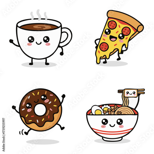 Cute Cartoon Food Icons Coffee, Pizza, Donut and Ramen