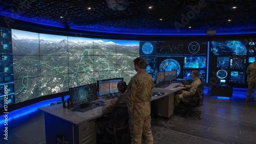 Military command center with soldiers at desks monitoring a curved wall of screens showing mountainous terrain maps and satellite data.