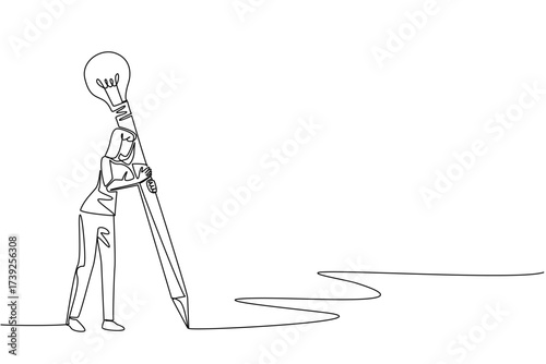 Single one line drawing a woman writes using a big pencil with a lightbulb at the end. Continuous practice to become more creative. National Creativity Day. Continuous line design graphic illustration
