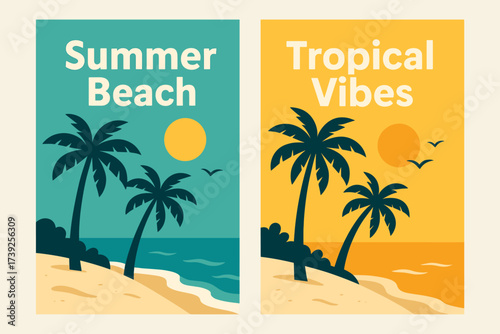 Tropical Beach Banners. Two vertical A6 banners, flat vector design, turquoise and yellow backgrounds, tropical beach with palm trees, summer theme, first