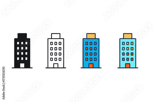 Office Skyscraper Icons. Vector icon office skyscraper same pose same proportions four styles black solid glyph outline minimal flat multicolor filled cartoon