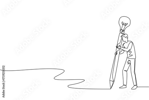Single continuous line drawing a man writes using a large pencil with a light bulb at the end. Sharpening creative writing. Content writer. National Creativity Day. One line design vector illustration