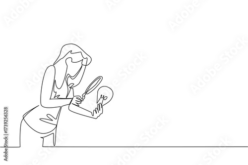 Continuous one line drawing a woman holds lightbulb and examines it with a magnifying glass. Researching. Searching. Power of mind. National Creativity Day. Single line draw design vector illustration