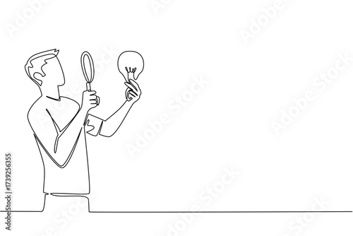 Single continuous line drawing man holds lightbulb and examines with magnifying glass. Looking for brilliant solutions to problem solving. National Creativity Day. One line design vector illustration