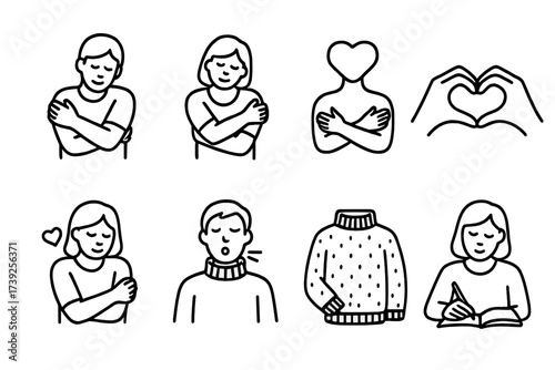 Self-Care Icon Set. Outline icon set of self-hug and care: hugging oneself, self-embrace, meditation hug, heart hands, self-love pose, calming breath, cozy