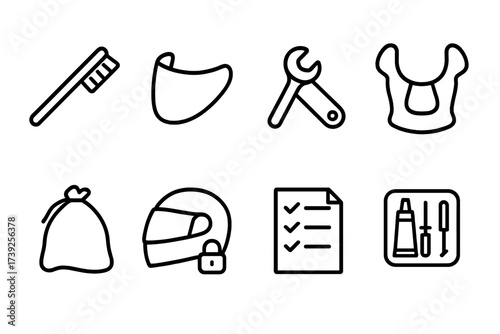 Helmet Care Icons. Outline icon set of helmet maintenance: cleaning brush, replacement visor, strap adjustment tool, padding replacement, storage bag, helmet