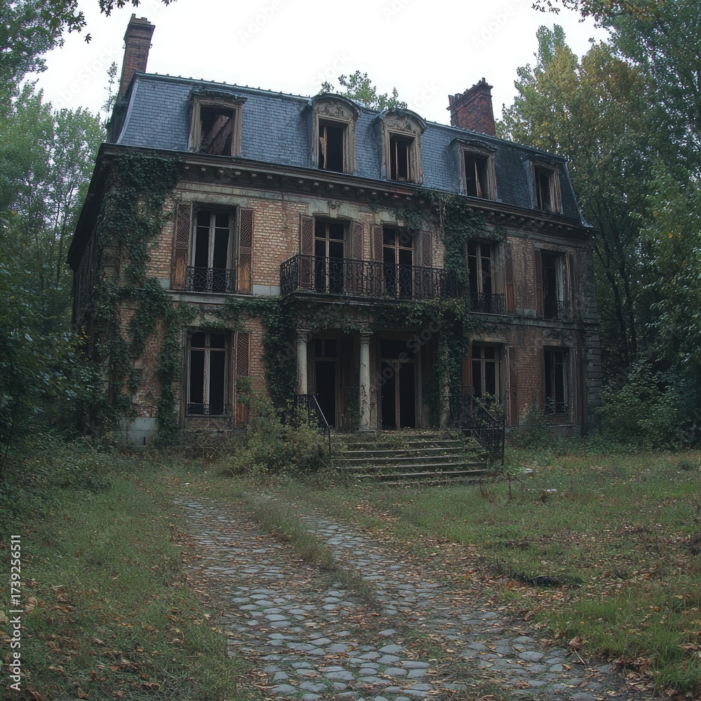 Obraz premium Dilapidated mansion, ivy-covered, in woods, eerie facade