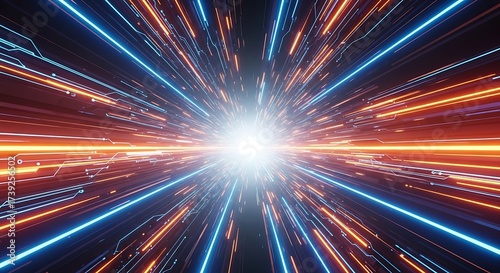 Ultra highresolution, professional studio photography of abstract digital tunnel with glowing neon light streaks in blue and orange, representing speed and data transfer
