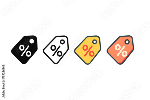 Price Tag Icons. Vector icon price tag percent same pose same proportions four styles black solid glyph outline minimal flat multicolor filled cartoon flat