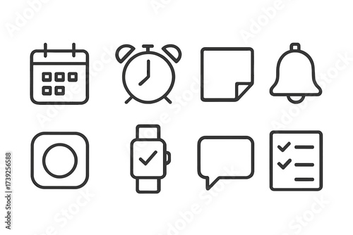 Promise Reminder Icons. Outline icon set of promise reminders: calendar, alarm clock, sticky note, bell, reminder app, watch, notification, checklist. Line
