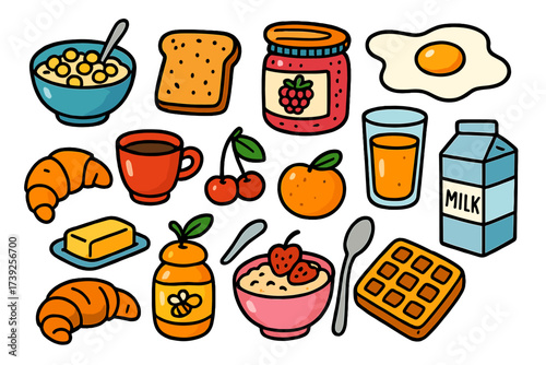 Vibrant Breakfast Icons. Breakfast. Colorful Hand-drawn doodle Children illustration cereal bowl, toast, jam jar, fried egg, orange juice, coffee