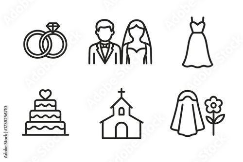 Wedding Icon Set. Outline icon set of wedding ceremony: wedding rings, bride and groom, wedding dress, bouquet, wedding cake, church, veil, boutonniere. Line