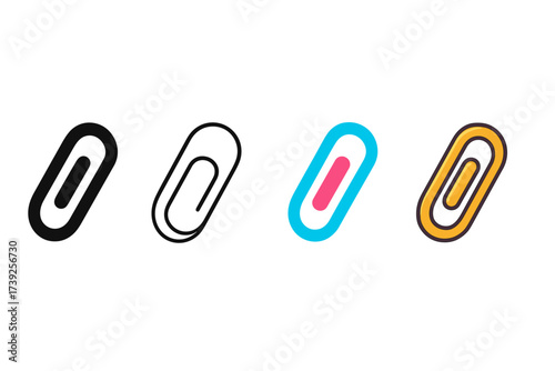 Paperclip Icon Styles. Vector icon paperclip same pose same proportions four styles black solid glyph outline minimal flat multicolor filled cartoon flat