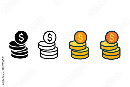 Four Coin Styles. Vector icon cash coins stack same pose same proportions four styles black solid glyph outline minimal flat multicolor filled cartoon flat