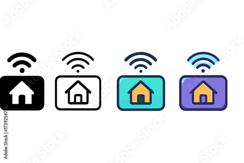 Smart Home Icons. Vector icon smart home hub same pose same proportions four styles black solid glyph outline minimal flat multicolor filled cartoon flat