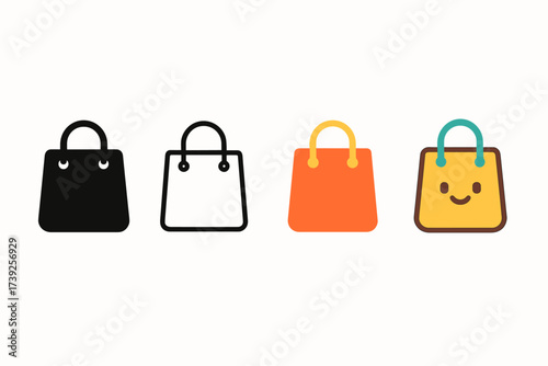 Diverse Shopping Icons. Vector icon online shopping bag same pose same proportions four styles black solid glyph outline minimal flat multicolor filled cartoon