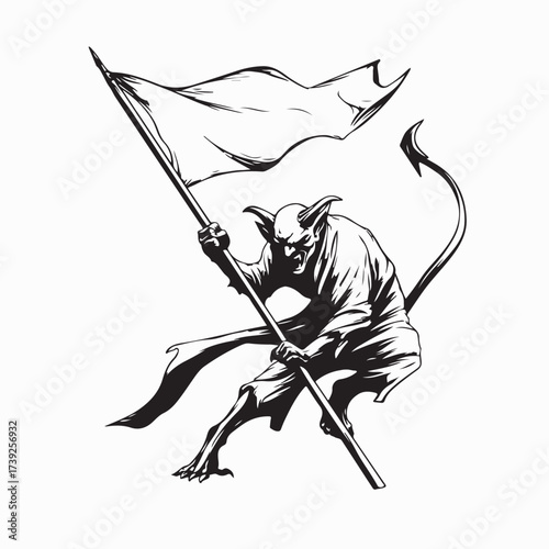 Horror Style Demon with Flag Vector Design on white background