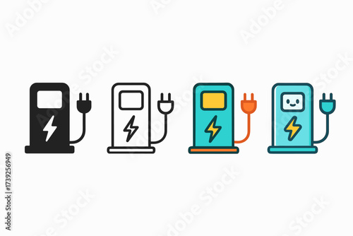 EV Charging Icons. Vector icon EV charging station same pose same proportions four styles black solid glyph outline minimal flat multicolor filled cartoon flat