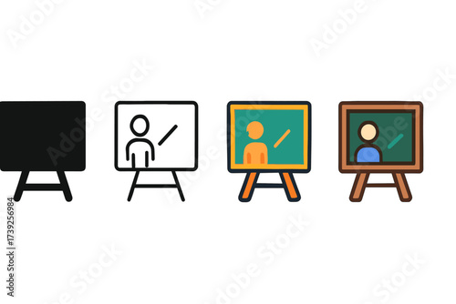 Diverse Chalkboard Icons. Vector icon chalkboard same pose same proportions four styles black solid glyph outline minimal flat multicolor filled cartoon flat