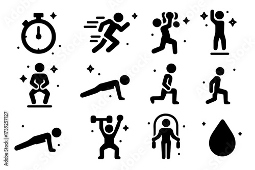 HIIT Workout Icons. HIIT workouts. Solid icons set of HIIT workouts: stopwatch, sprinting figure, kettlebell swing, burpee, squat jump, mountain climber,