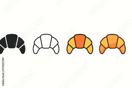 Colorful Croissant Icons. Vector icon bakery croissant same pose same proportions four styles black solid glyph outline minimal flat multicolor filled cartoon