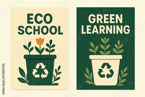 Eco School Banners. Two vertical A6 banners, flat vector design, cream and dark green backgrounds, environmental school theme with recycling bin and plants,