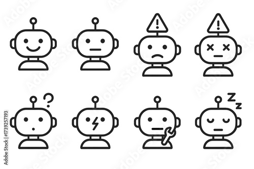 Robot and Wi-Fi Icons. Outline icon set of robot emotions: happy face, neutral face, alert, error, thinking, charging, working, sleeping. Line icons in only