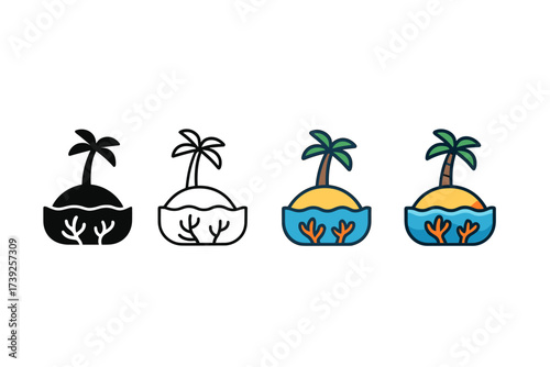 Island Icon Styles. Vector icon island with coral reef same pose same proportions four styles black solid glyph outline minimal flat multicolor filled cartoon