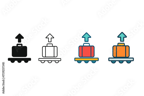 Luggage Claim Icons. Vector icon airport luggage claim same pose same proportions four styles black solid glyph outline minimal flat multicolor filled cartoon