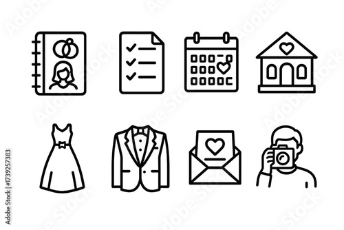 Wedding Planning Icons. Outline icon set of engagement preparations: wedding planner, checklist, calendar, venue, dress, tuxedo, invitation card, photographer.