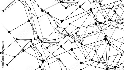 Abstract digital network pattern of black interconnected lines and nodes on a clean white background. Complex web of geometric connections and modern, futuristic, and technological aesthetic.
