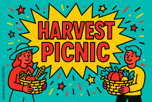 Harvest Picnic Celebration Banner. Harvest Picnic banner, flat vector illustration, bold oversized text inside splash explosion, cartoon characters holding