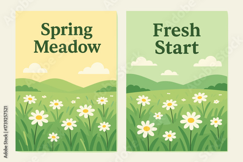 Spring Meadow Banners. Two vertical A6 banners, flat vector design, pastel yellow and green backgrounds, fresh meadow with daisies, spring landscape, first