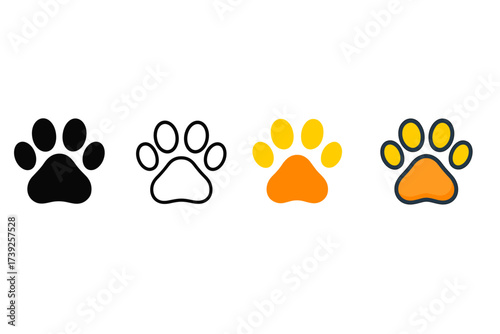 Dog Paw Print Styles. Vector icon dog paw print same pose same proportions four styles black solid glyph outline minimal flat multicolor filled cartoon flat