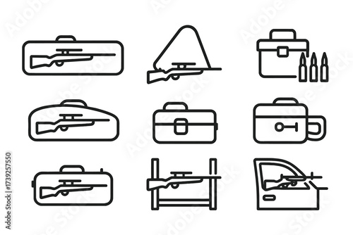 Sniper Rifle Gear Icons. Outline icon set of sniper rifle transport and storage: gun case, carrying sling, ammo box, cleaning kit bag, storage rack, lockbox,