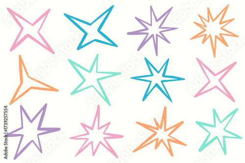 Irregular star shapes. Abstract vector spiky sparks. Random geometric elements on white background. Retro design elements